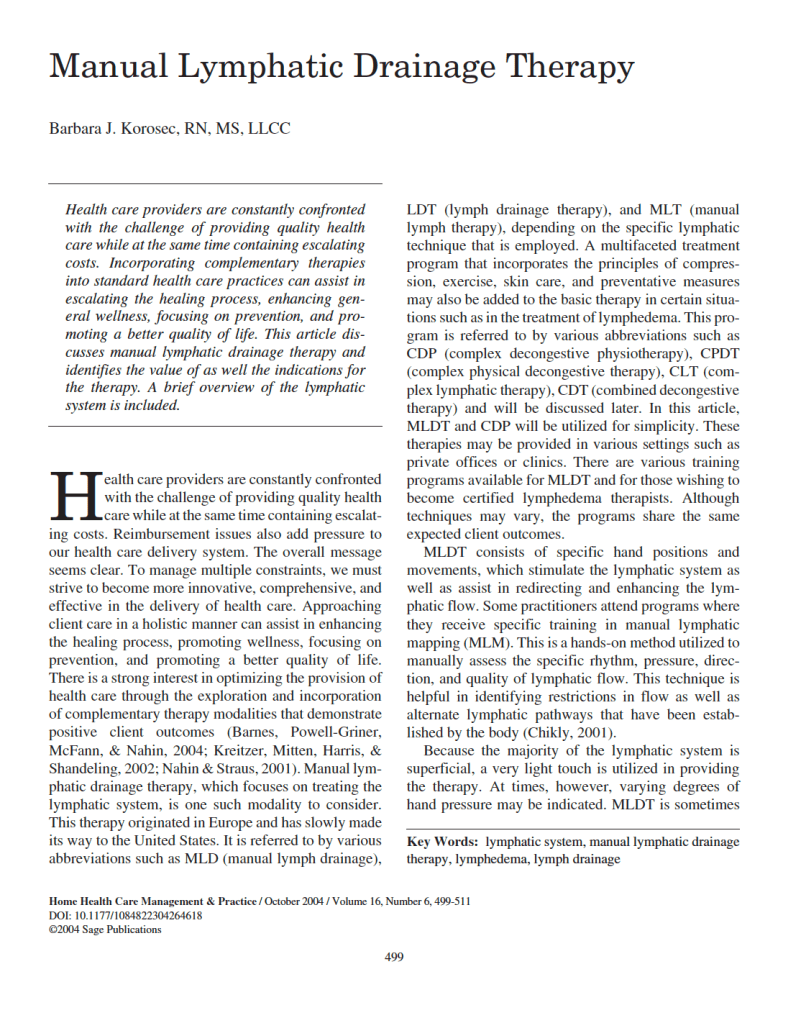 Click to read the article. Manual Lymphatic Drainage Therapy - Barbara J. Korosec